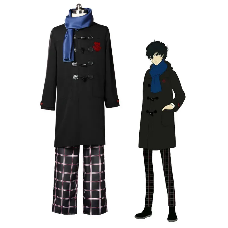 2025 New P5 Tiangong Ren Cosplay Kurusu Akira Coat Anime Cosplay Halloween Party Costume Winter Scarf Long Jacket Set