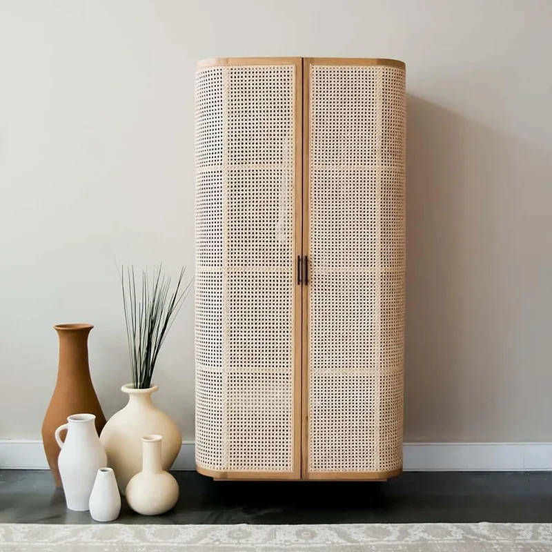 

Japanese-style solid wood rattan wardrobe small apartment household double door storage cabinet simple retro