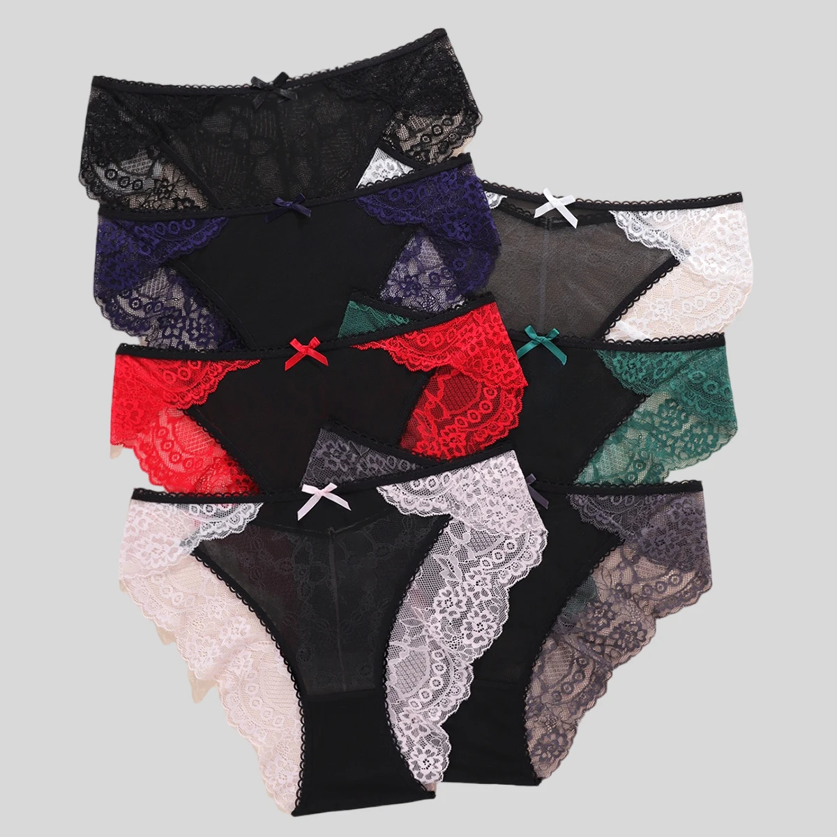 

7Pcs Women Sexy Lace Panties Floral Sheer Mesh Lady Briefs with Bow Decor Low Waist Sexy Lingerie Comfortable Female Underwear