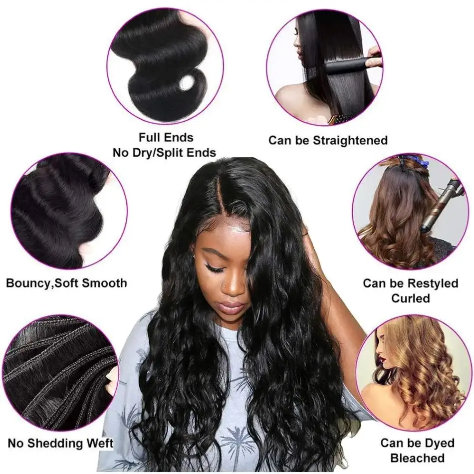 Unprocessed Body Wave Hair Extension para Mulheres, Pacotes de Cabelo Humano, Natural Black, Remy Hair Weave, 12A, 1 Pc, 3 Pcs, 4 Pcs