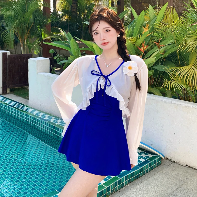 

Korean Style One-piece Swimwear Swimdress for Women Mesh Tummy Control Slimming Belly Monokini Backcross Swimsuits with Skirt