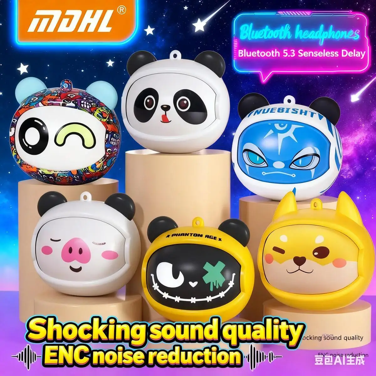 

Rotating Cute Face Change Bluetooth Wireless Half-in-ear Earphones With Lanyard Long Endurance Music Earsets For Kids Gifts