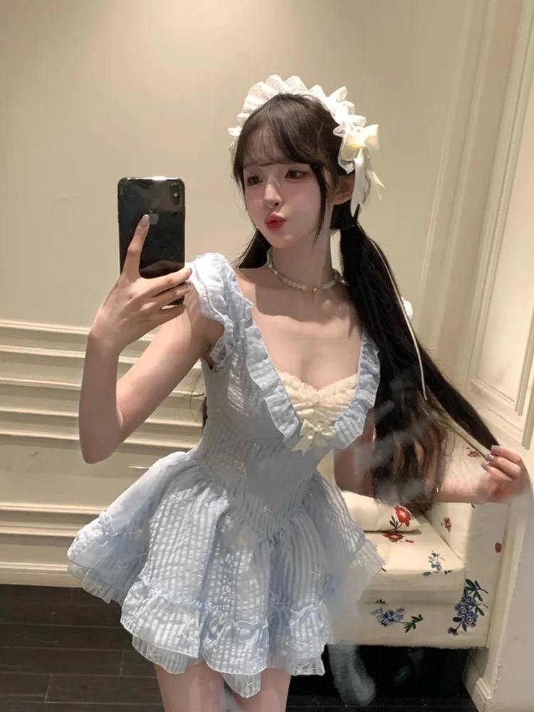 

STAZF7 Sweet Spicy Girl Summer Pure Desire Knot Waist Princess Skirt Women's A-Line Dress V-Neck Lace Short Skirt