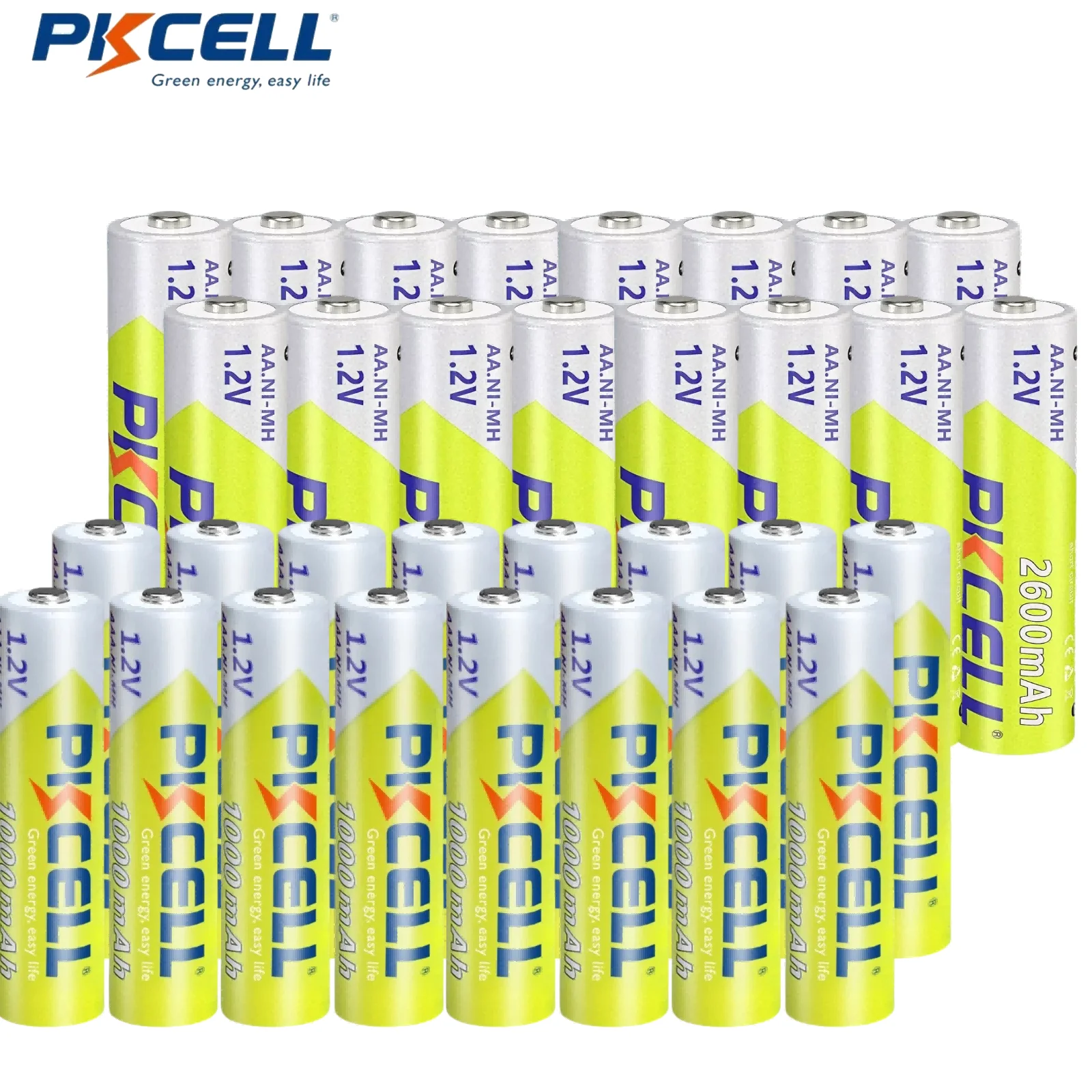 

PKCELL 32 Sets Rechargeable AA AAA Batteries Combo 16 Counts 2600mAh AA Batteries and 16 Counts 1000mAh AAA Rechargeable Battery