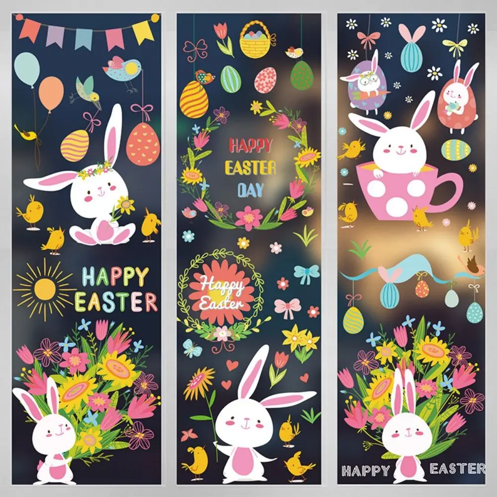 9pcs/1 set Bunny Happy Easter Window Stickers Rabbit Flowers Rabbit Electrostatic Glass Sticker Double Sided Printing Cartoon