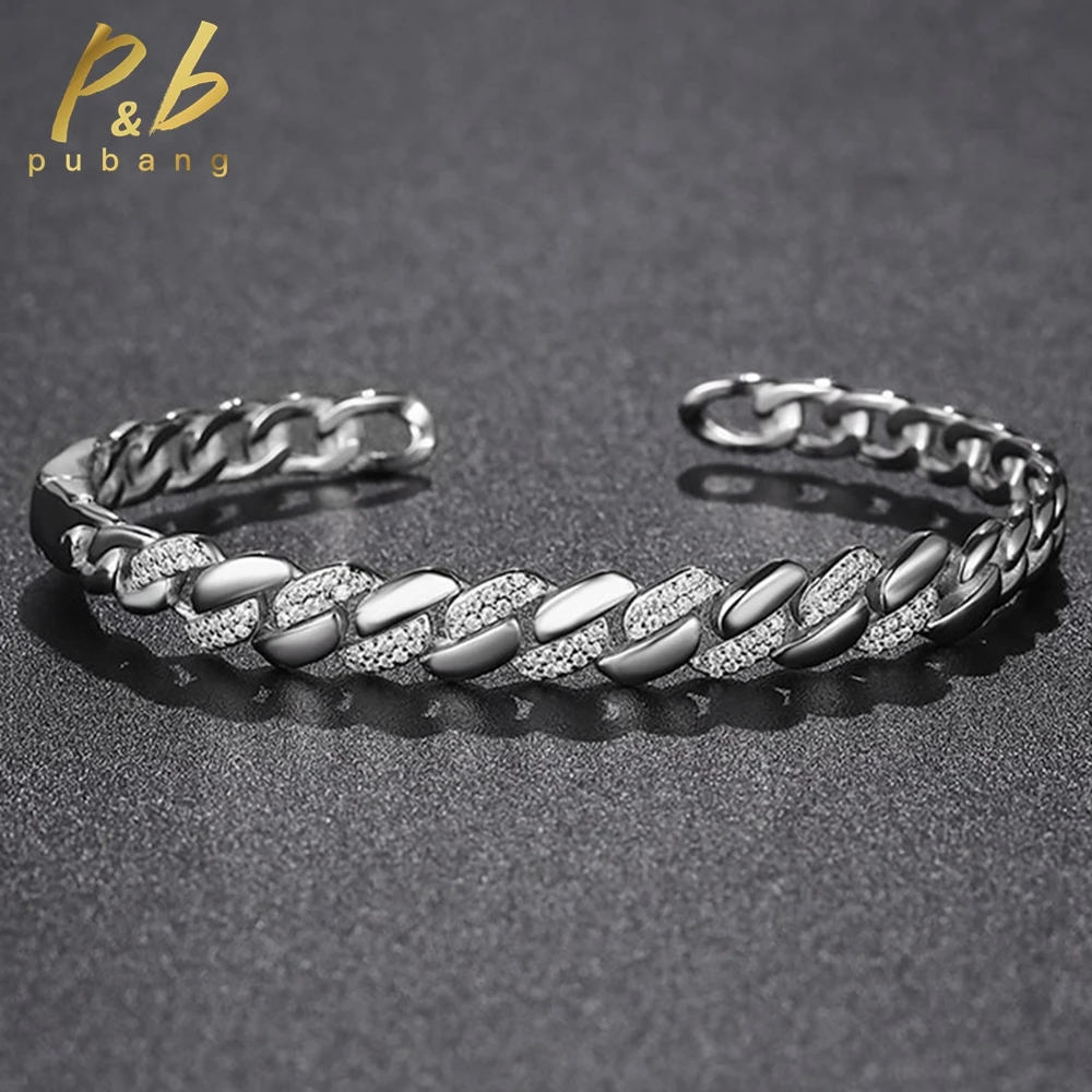 PuBang HipHop Jewelry 925 Sterling Silver Real GRA Moissanite Diamond Miami Cuba Bangle Bracelet for Women Men Gift FreeShipping