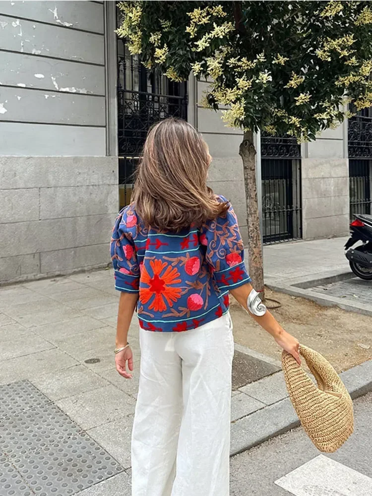 Manteau Brodé à Manches Courtes et Col Rond pour Femme, Haut Décontracté à Lacets, Abonnés à la Mode, Vêtements de Rue, Été 2024