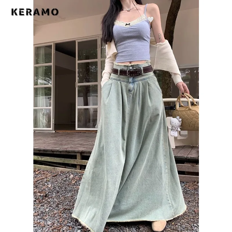 2023 Autumn Women\'s Vintage Blue Harajuku Denim Skirt Winter High Waist Y2K High Street Style Casual A-line Tassels Sexy Skirt