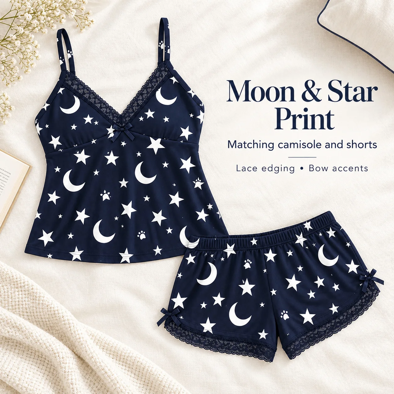 Women's Lace Trim Camisole Shorts Pajama Set, V Neck Bow Detail Sleeveless Two Piece Sleepwear in Solid and Printed Colors gallery 4