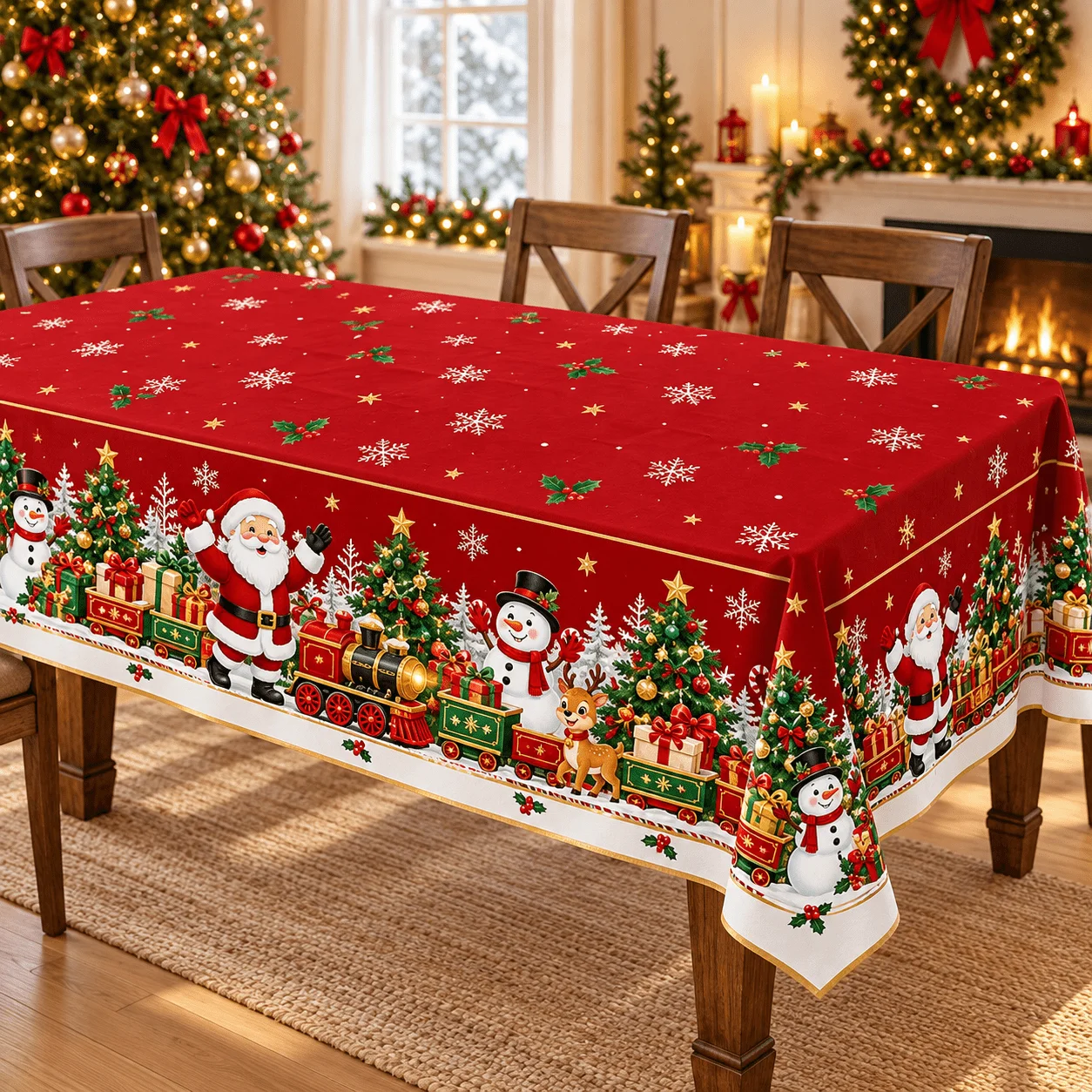 1 square tablecloth with a festive red background with Santa, snowman, reindeer and gift train prints