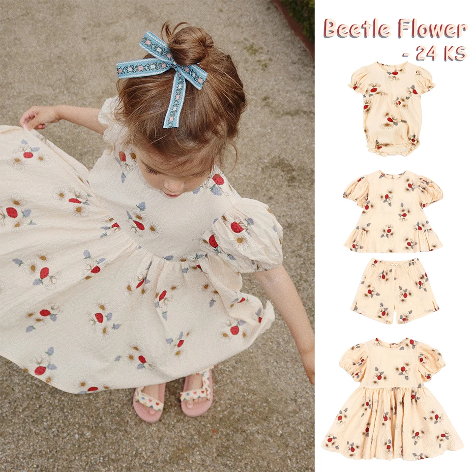 

2024 Summer Children Clothes Suit KS Girls Beetle Print Dress Kids Floral T-shirt Shorts Suit Tops Baby Girl Soft Cute Rompers