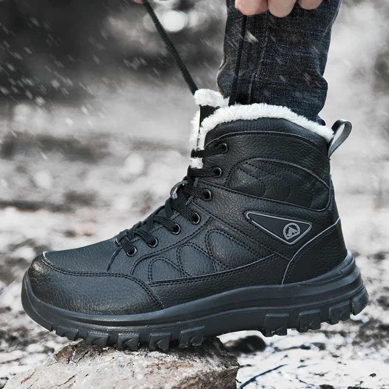 New Winter Leather Men Ankle Boots Plush Warm Men Snow Boots Outdoor Non-slip Hiking Boots Waterproof Winter Shoes Men Sneakers