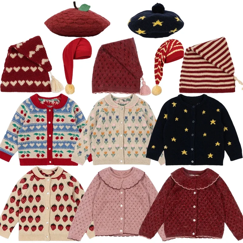 2024 New Autumn Winter Girl Knit Cardigan Kids Christmas Knitted Hat Baby Girl Red Strawberry Berets