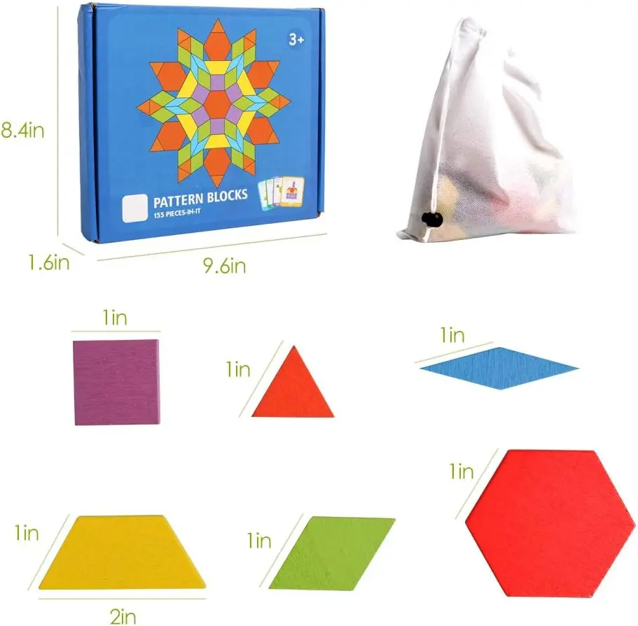 Holzmuster-Blöcke-Set, 155-teilig, geometrische Form, Puzzle, Kindergarten, Tangram, Denksportaufgaben, frühe pädagogische Montessori für Kinder