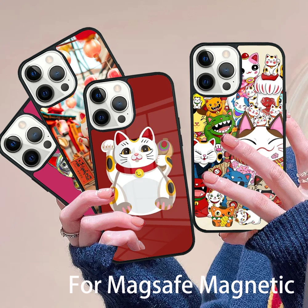 

Japanese Lucky Cat Art Phone Case Magesafe Magnetic Wireless Charge Cover For IPhone 16 11 12 13 14 15 Pro Max Plus Mini