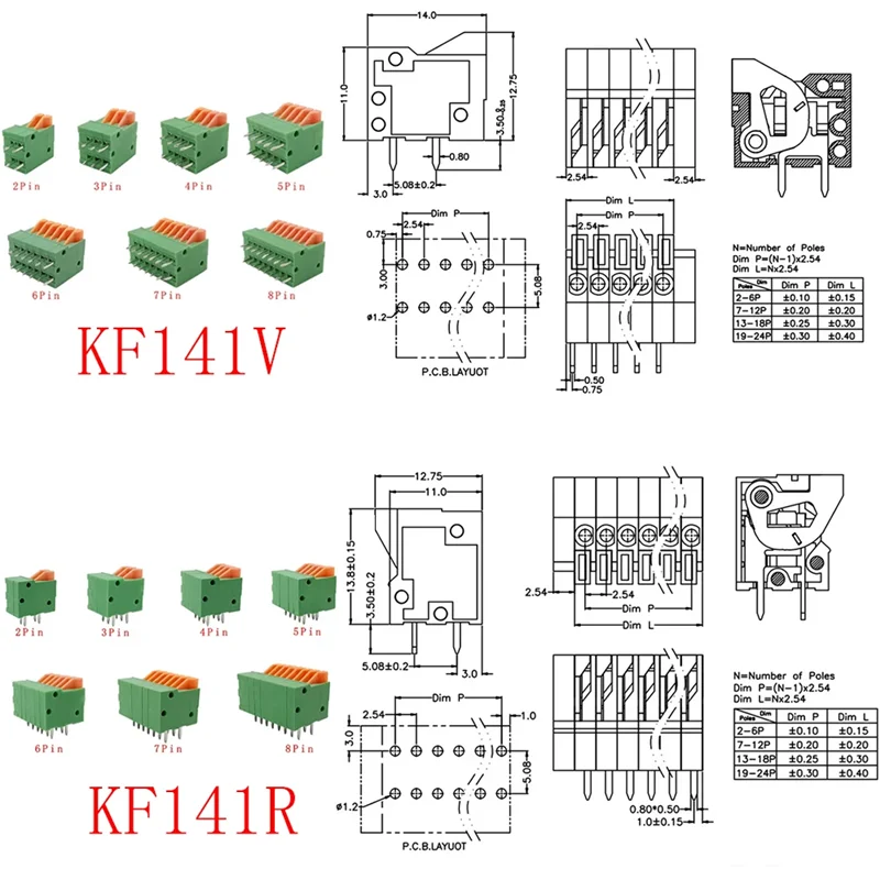 5/10Pcs 2.54mm Pitch KF141V KF141R Push-in Spring Screwless Terminal Block Straight/Bent Foot 2/3/4/5/6/7/8/9/10P PCB Connector