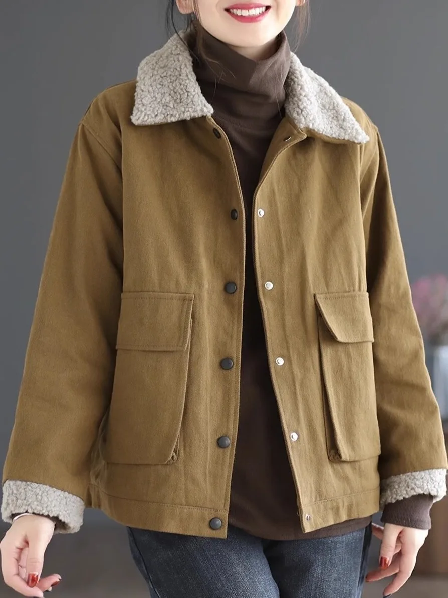 

Lamb Fur Collar Fce Lined Women's Casual Loose Warm Outerwear Coat Autumn Winter New Arrival Faion Sle Long Sve Button