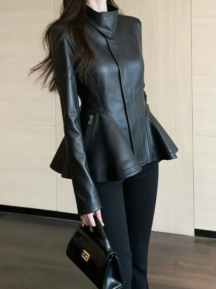 Lautaro Spring Autumn Cool Black Retro Soft Pu Leather Jackets for Women Zipper Stand Collar Elegant Luxury Designer Clothes
