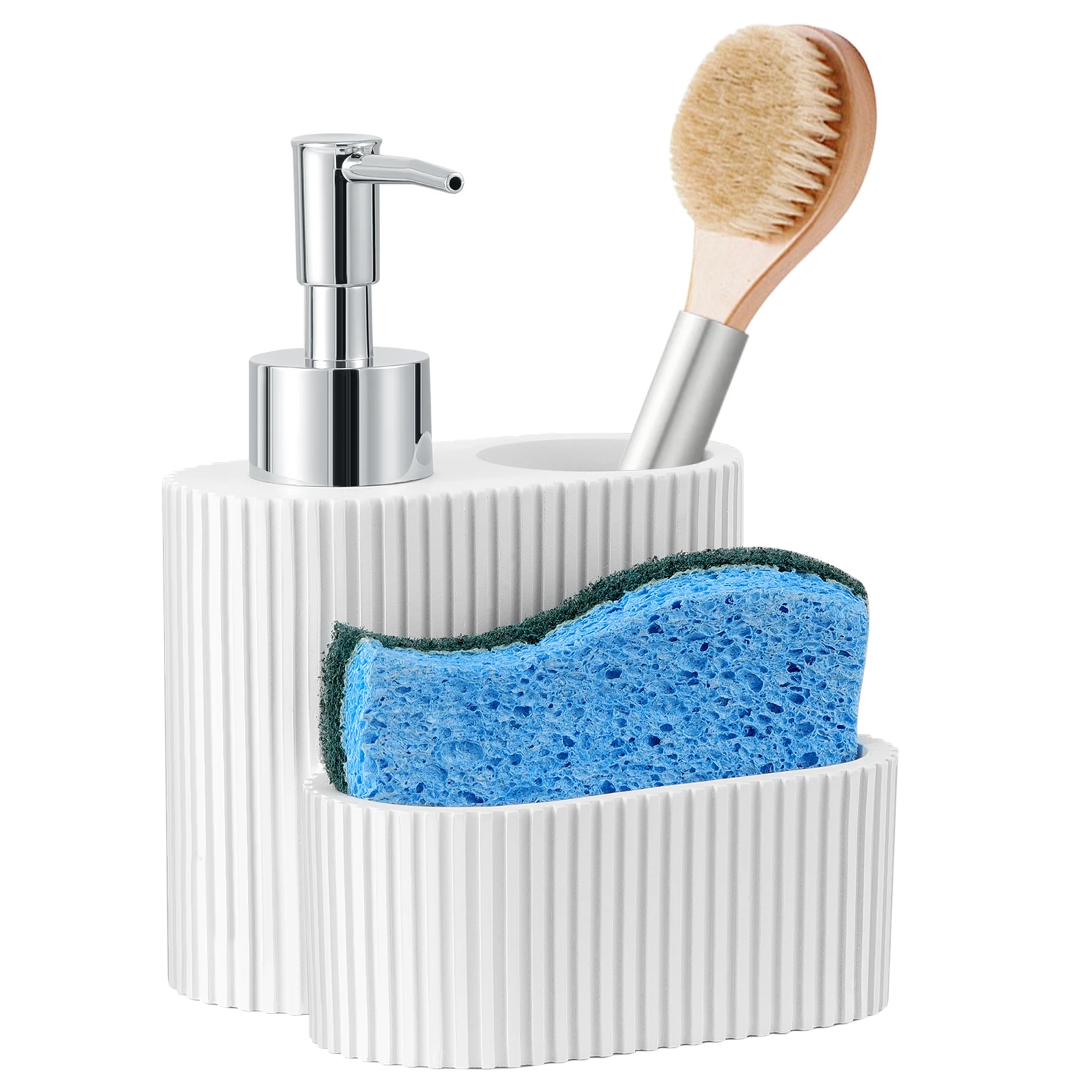 

Shinowa Soap Dispenser with Sponge Holder Marble Look Liquid Hand and Dish Soap Dispenser and Sponge Caddy with Brush Holder