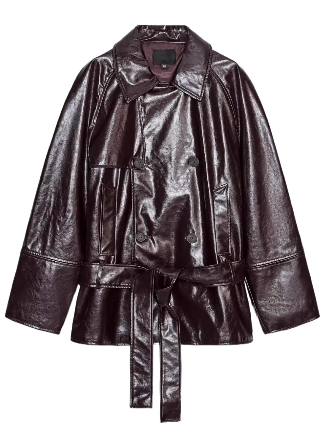 معطف نسائي لخريف 2025 مصنوع من جلد البولي يوريثان معطف Jaet طويل Sve بياقة مقلوبة وصل حديثًا ملابس خارجية فضفاضة للسيدات #1