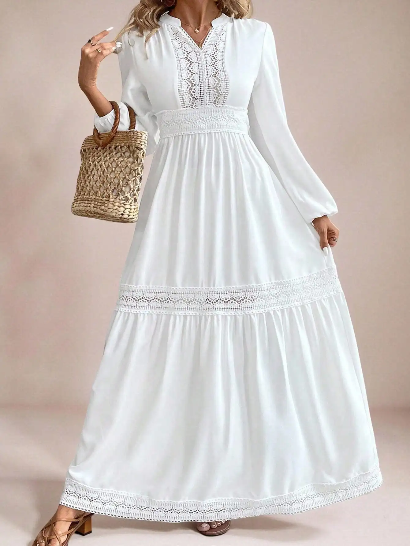 

White Boho Long Sleeve Maxi Dress with Lace Trim and V-Neck