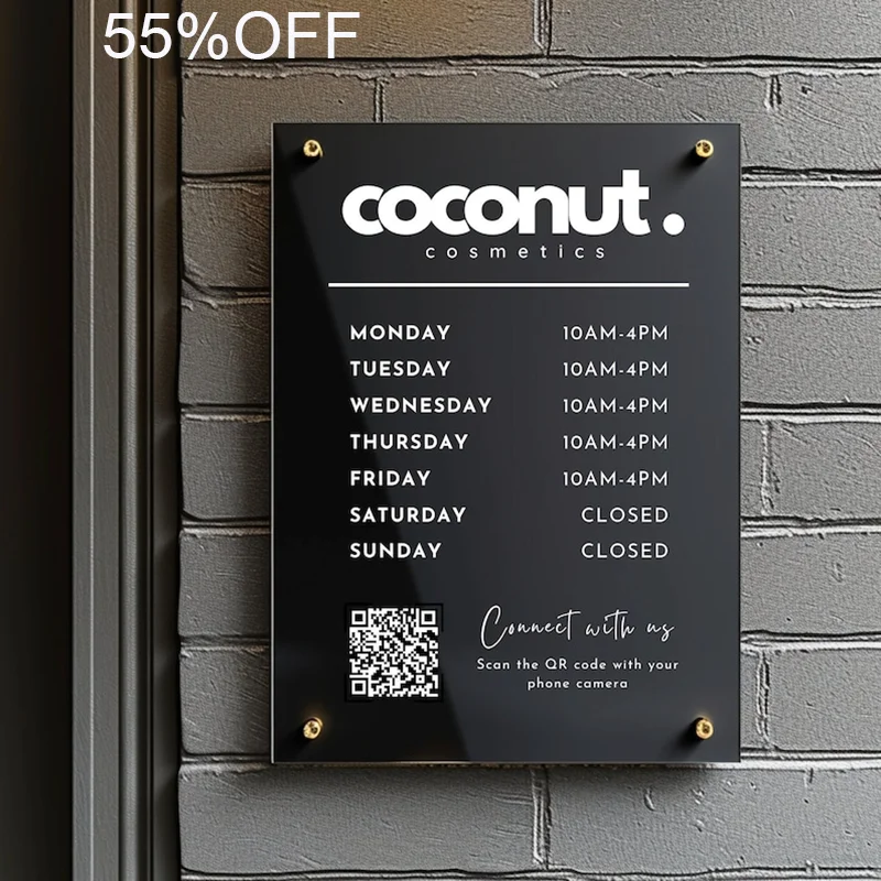 Custom Printed Acrylic Business Logo Sign Personalised with Shop Opening Times QR Code Signage Plaque Ideal for Office Use