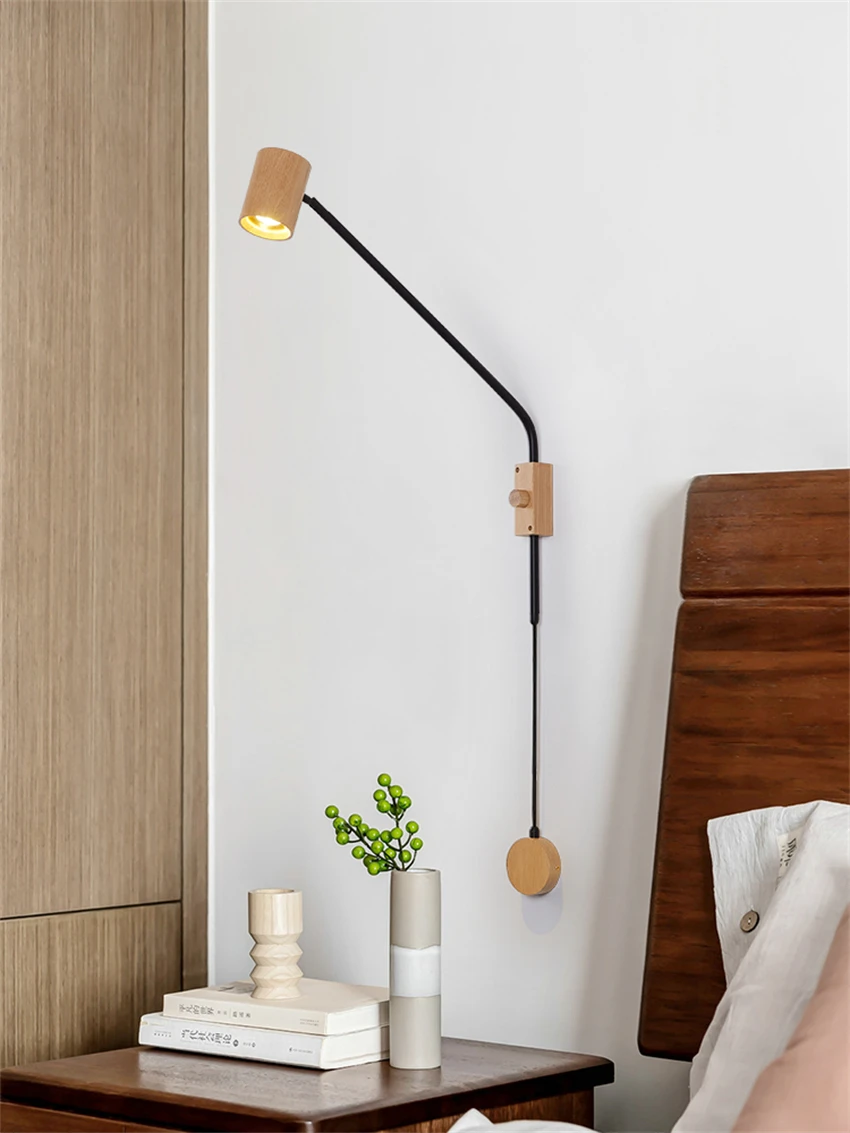Nordic walnut rocker wood wall lamps bedroom bedside lamp study living room sofa long arm reading sconces lights decor fixtures