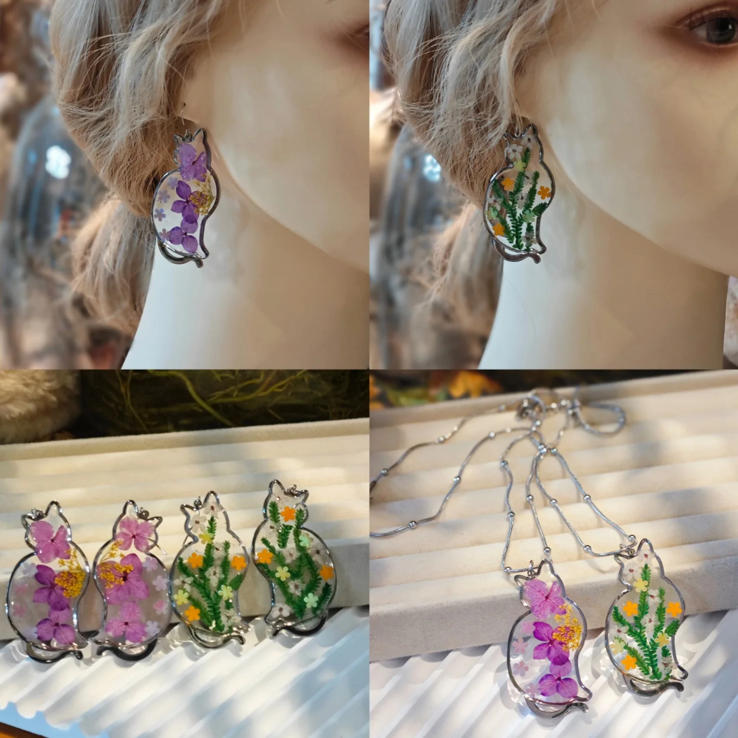 3224 Wholesale Handmade Cute Cat Stainless Steel Creative Personality Dried Eternal Flower Earrings Exquisite Necklace Jewelry