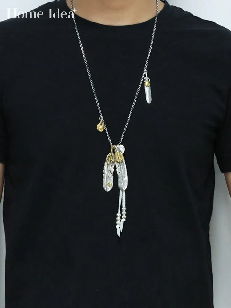 High Quality S925 Sterling Silver Jewelry Men Indian Vintage Feather Pendant Necklace Long Sweater Chain