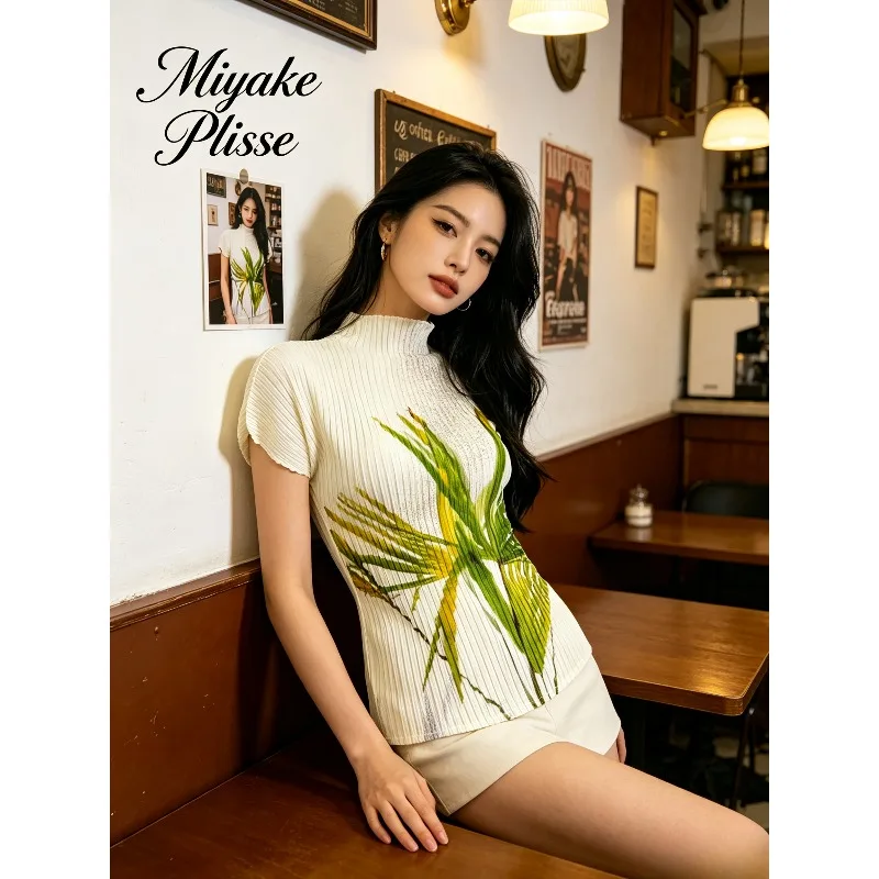 Miyake Pleated 2026 Forest Green Plant Oil Painting Pleated Shirt Stand Collar Off-Shoulder Short Sleeve Printed Top for Women