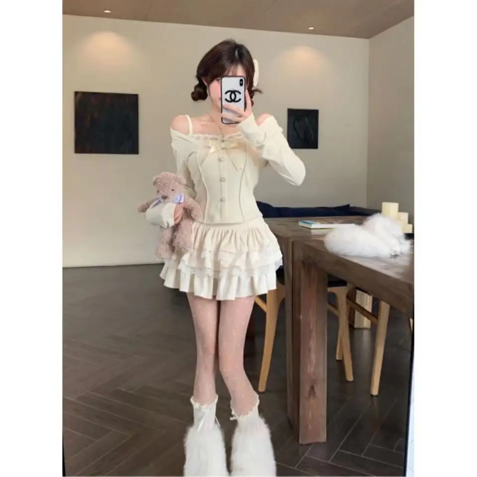 Japanese Elegant Kawaii Two Piece Set Women French Vintage Sweet Mini Skirt Suit Female Korean V-neck Cardigan＋Cake Skirt 2024