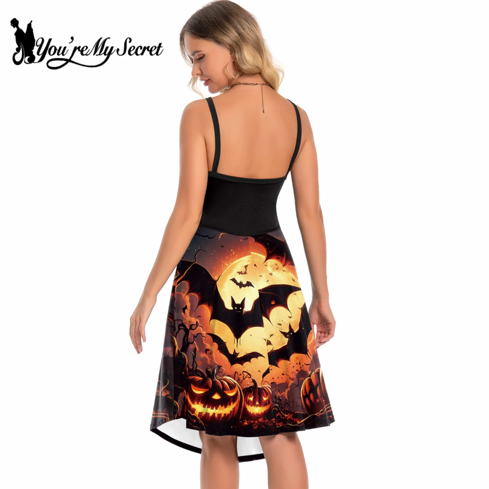 [You're My Secret] Women's Backless V Neck Midi Camisole Dress Halloween Pumpkin printed Performance Fancy Party Dresses