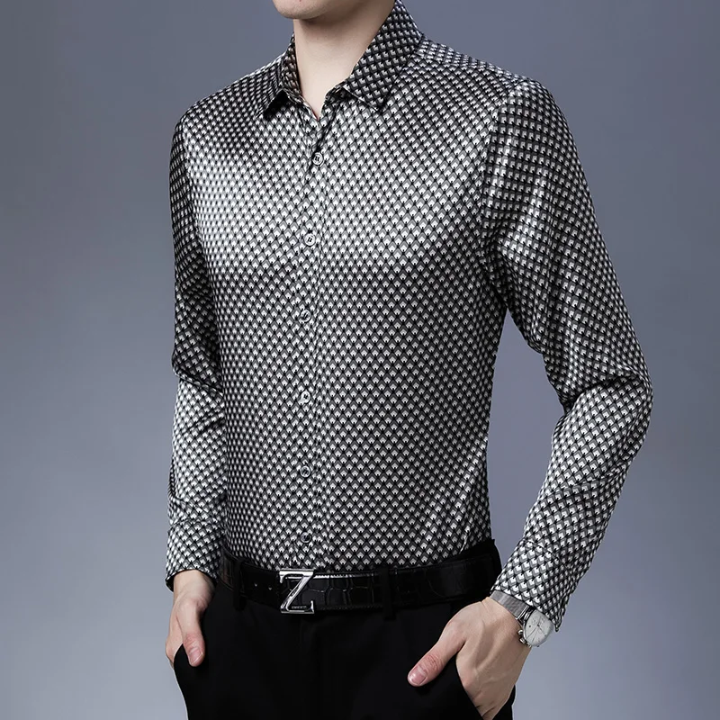 Plaid Smart Casual Real Silk Shirts For Men Premium Long Sleeve Summer High Quality Soft Comfortable Easy Care Camisas De Hombre