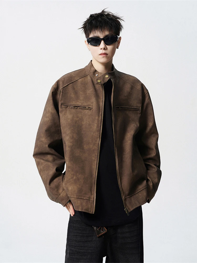 

Trendy High-End Men's Leather Jaet Baseball Sle Casual Stand Collar Retro Faion Autumn New Arrival Wear Resistant