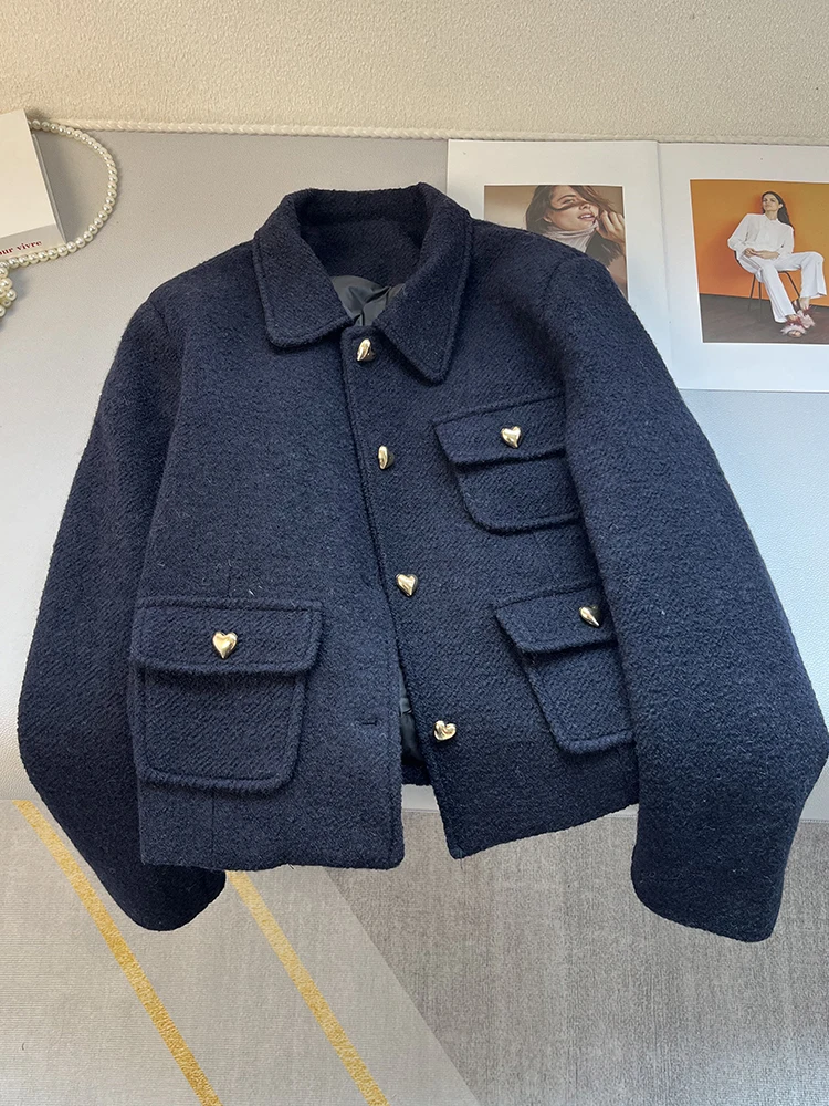 Chaqueta de plumón francesa de invierno para mujer, abrigos sencillos y gruesos con solapa, Top de viaje de Color sólido a la moda