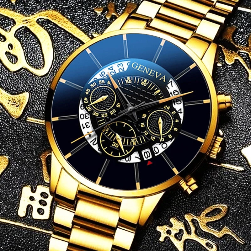 4PCS/Set New Hot Men\'s Watch Fashion Calendar Watch Stainless Steel Strap Quartz Watch with Jewelry Set