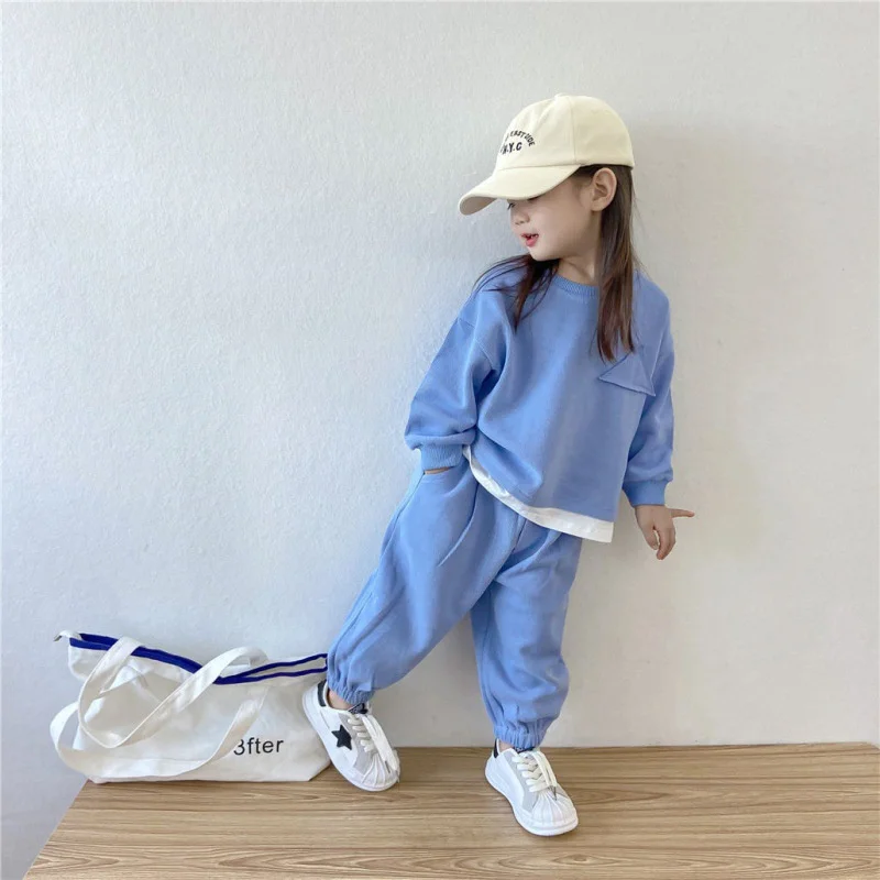 Girls Sweatshirts +Pants Kids Suits 2PCS/Set Cotton 2024 Blue Spring Autumn Cotton Tracksuit School Suits Christmas Gift Childre