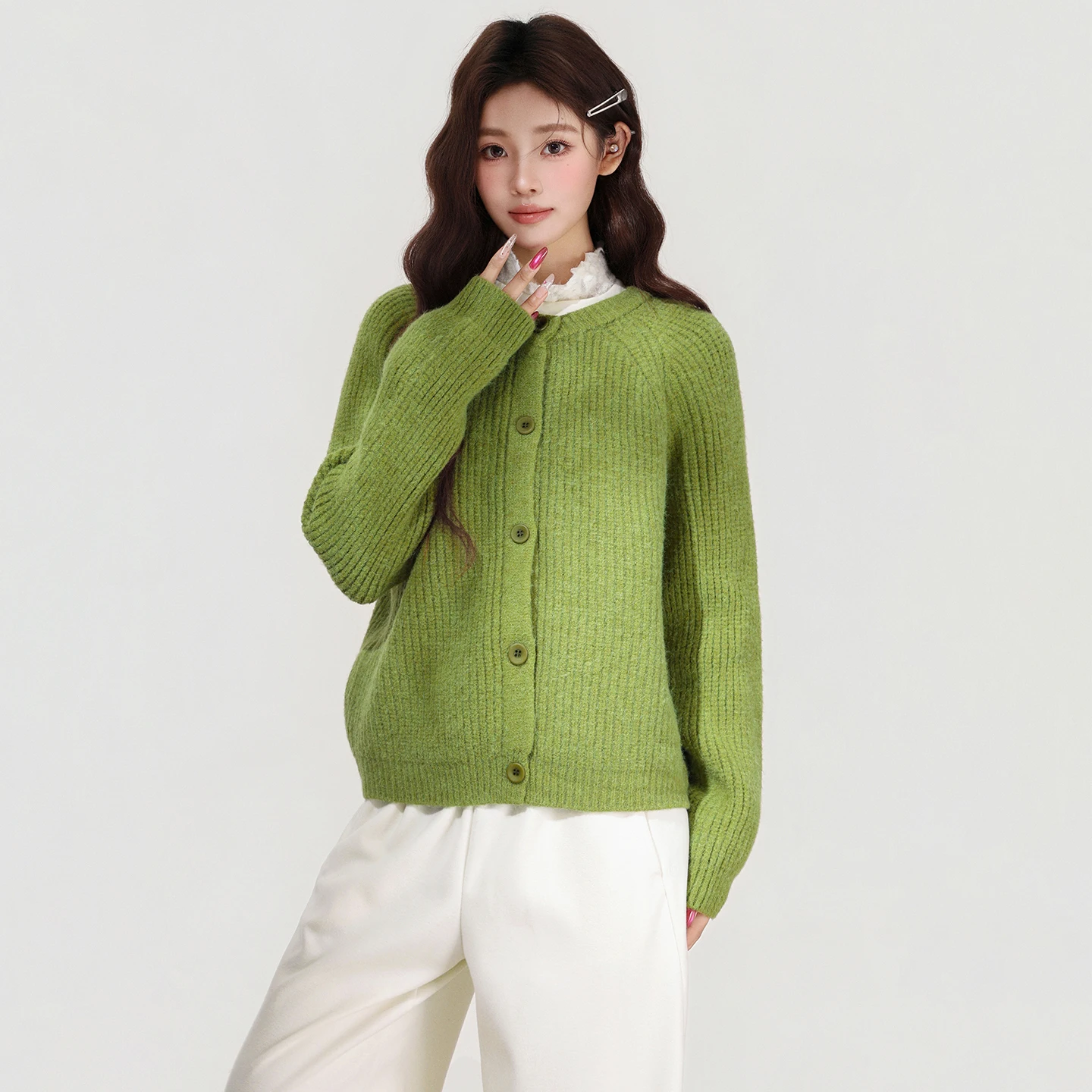 

Korean Round Neck Long Sleeved Knitted Cardigan Women's Autumn and Winter Loose and Lazy Versatile Temperament Sweater Jacket
