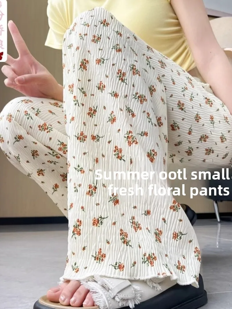 

Ice Silk Thin Floral Wide Leg Pants Women Summer New High Waist Slim Pleated Straight Casual Loose Long Trousers Trendy