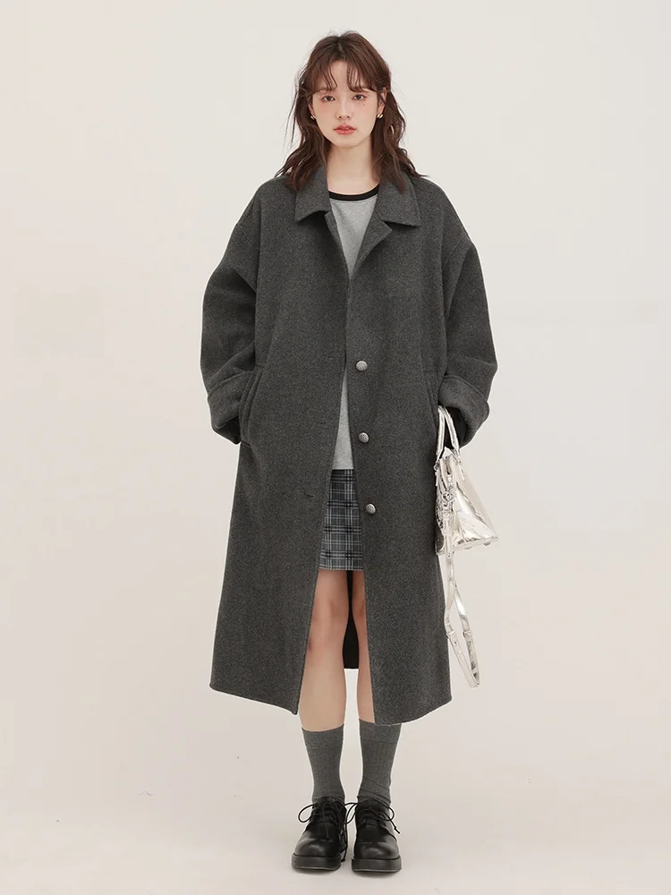 

CHACHASTU Premium Woolen Double-sided ey Bla Women's Coat Autumn Winter Long Sve Button up Pure Color Commute Sle