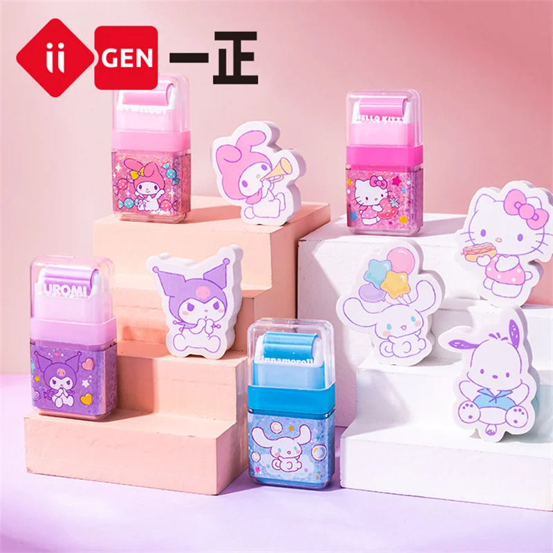 15 set/lot Sanrio Kuromi Cat Roller Eraser Cute Writing Drawing Rubber Pencil Erasers Stationery For Kids Gifts School Supplies