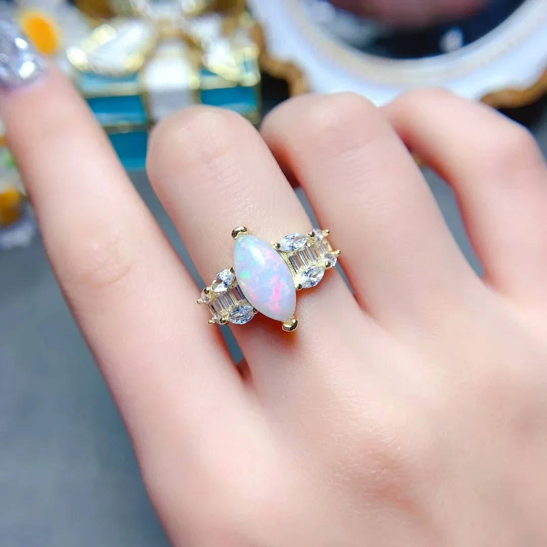 Australia Natural Opal Ring 7mm*14mm Brilliant White Opal Silve Ring for Party 3 Layers 18K Gold Plated Gemstone Jewelry