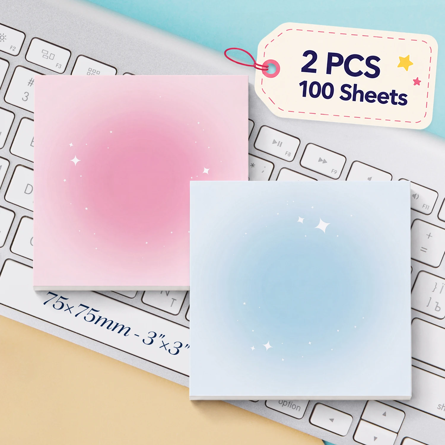 2pcs Pastel Gradient Sticky Notes Set, Starry Aesthetic Self Stick Memo Pads, 100 Sheets Total, Cute Dreamy Notepads, Removable