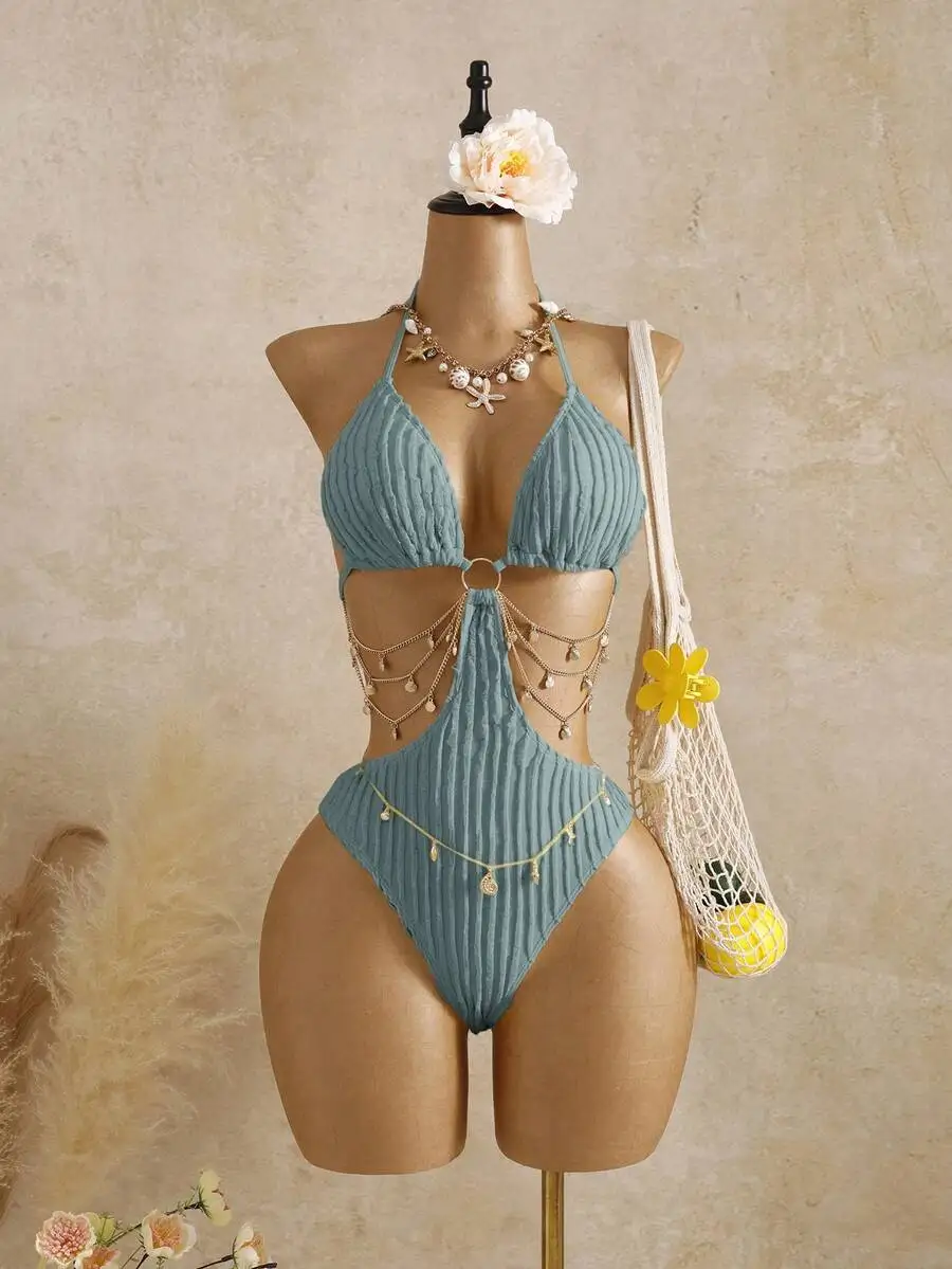 White Ribbed Cut Out Monokini With Chain Detail Halter Neck Swimsuit - view 3