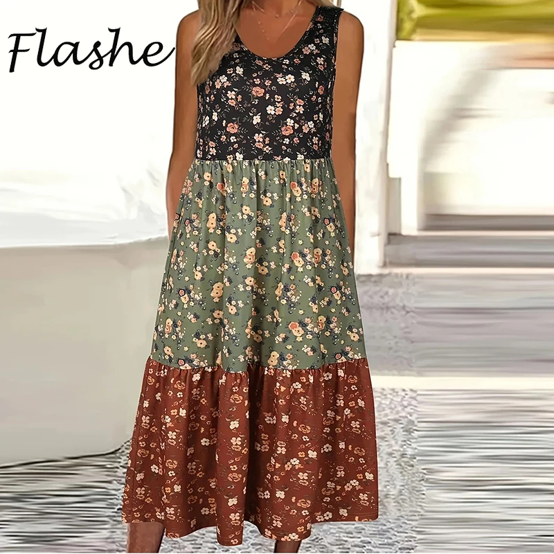 

Vintage Printed Party Dress Women O Neck Sleeveless Loose Midi Dresses For Women Casual Bohemian Dresse For Women Robe