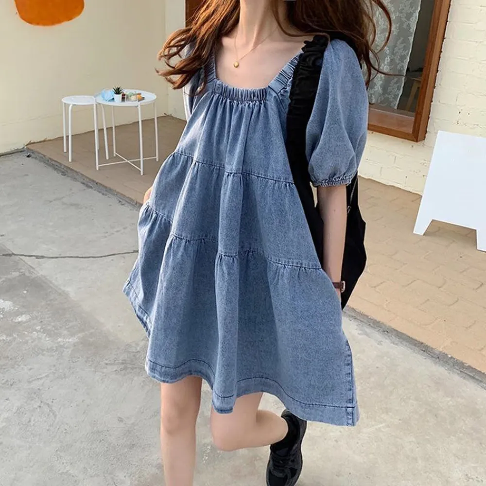 

Korean Girly Style Retro Square Collar Puff Sleeve Denim Skirt All-Matching Youthful-Looking Dress Women's Summer Denim Skirt