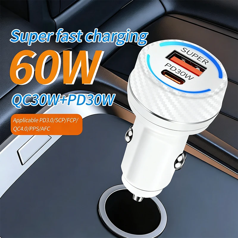 

Белое автомобильное зарядное устройство 60W с двумя портами PD30W QC30W USB Type-C, адаптер быстрой зарядки, универсальный, 12V 24V, для iPhone, Samsung, Android