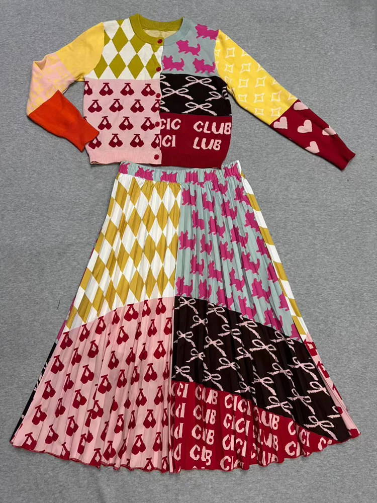 

2025 autumn women's retro geometric color blocked knitted sweater two-piece set+high waist loose pleated skirt fashion set