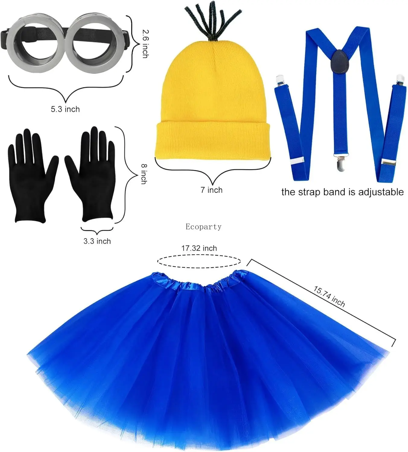 Disfraz Halloween Costume for Adult Women,Goggles/Yellow Beanie/Blue Dress/Suspenders/Gloves Halloween Costume Accessories tutu