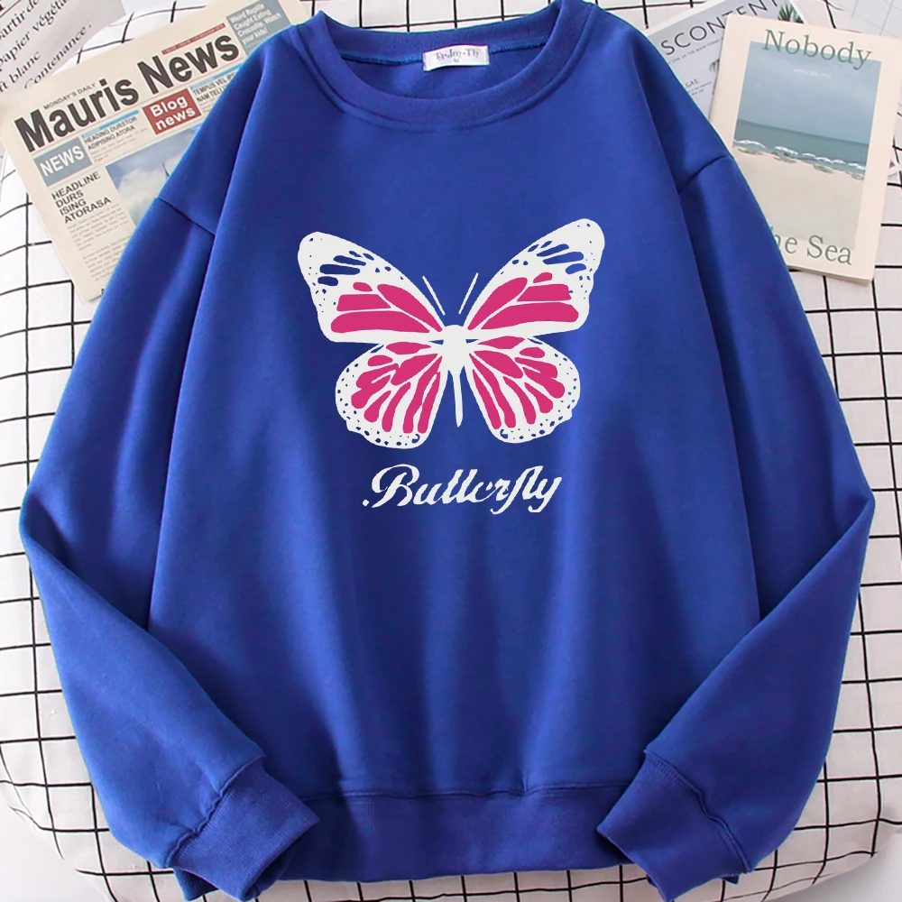 Creative Pink Butterfly Print Female Sweatshirt Fashion Casual Pullovers Hip Hop Oversized Clothing Comfortable Autumn Top